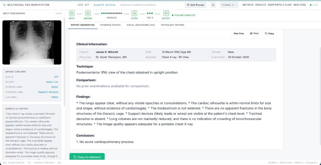 Report generation view with the live pipeline, structured radiology report and case metadata